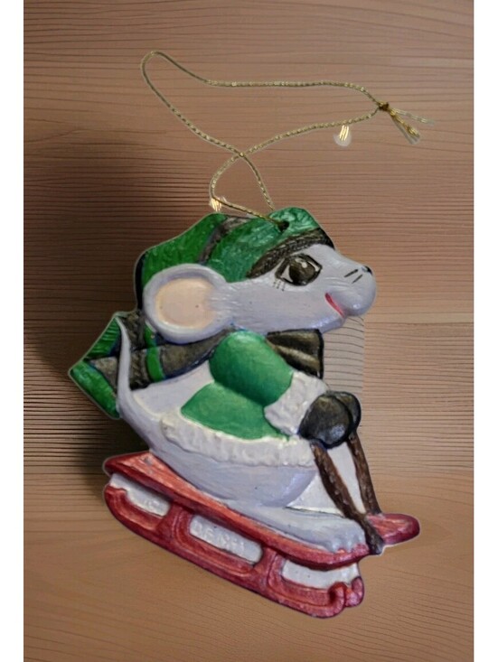 Other - D.E. 1983 OOAK Handpainted Ceramic Mouse On Sled Christmas Ornament  3" A50